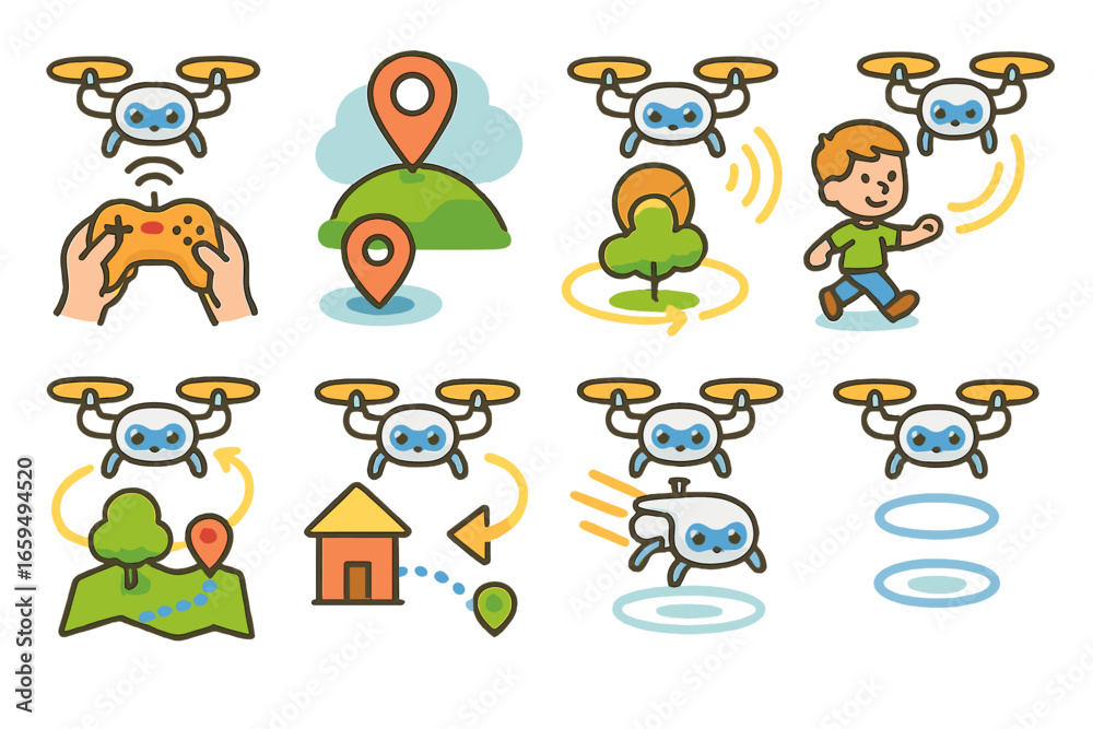 Obraz premium Colorful Drone Icons. Flat vector mini-illustrations drone flight modes in colors children's illustrations: manual mode, GPS mode,