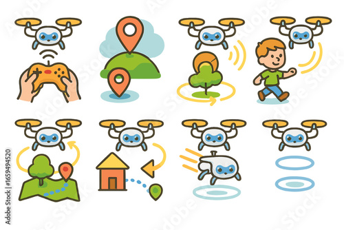 Colorful Drone Icons. Flat vector mini-illustrations drone flight modes in colors children's illustrations: manual mode, GPS mode,