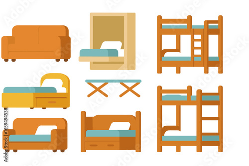 Colorful Convertible Beds. Flat vector mini-illustrations Convertible beds in colors children’s illustrations: sofa bed, murphy