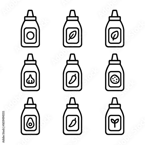 Mayonnaise Icons Set. Outline icon set of mayonnaise varieties: classic mayonnaise, light mayonnaise, vegan mayonnaise, garlic