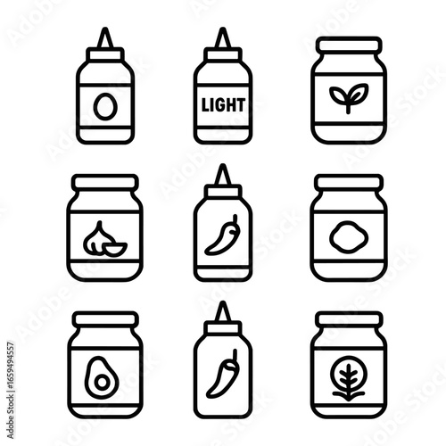 Mayonnaise Icons Set. Outline icon set of mayonnaise varieties: classic mayonnaise, light mayonnaise, vegan mayonnaise, garlic