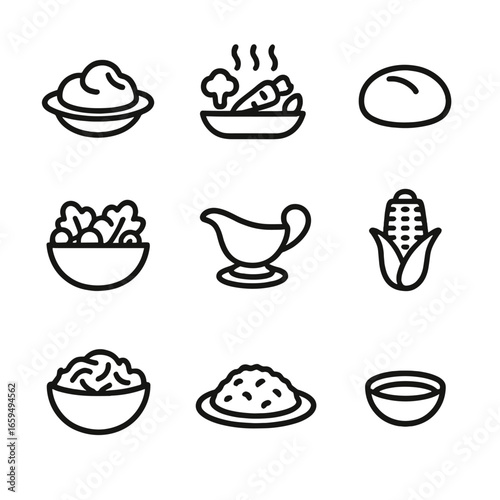 Meat Accompaniment Icons. Outline icon set of meat meal accompaniments: mashed potatoes, steamed vegetables, bread roll, salad