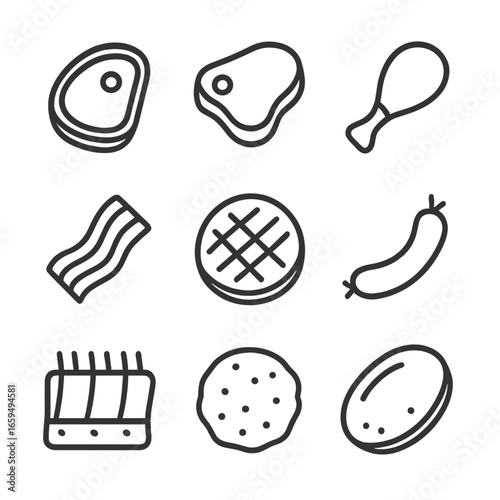 Meaty Food Icons. Outline icon set of meaty foods: steak, pork chop, drumstick, bacon strip, hamburger patty, sausage link, ribs,