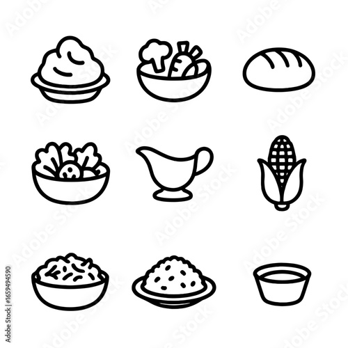 Meat Accompaniment Icons. Outline icon set of meat meal accompaniments: mashed potatoes, steamed vegetables, bread roll, salad