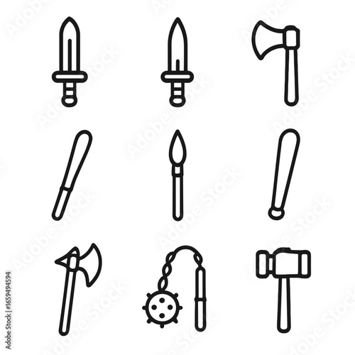 Melee Weapon Icons. Outline icon set of melee weapons: sword, dagger, axe, mace, spear, club, halberd, flail, hammer. Line icons