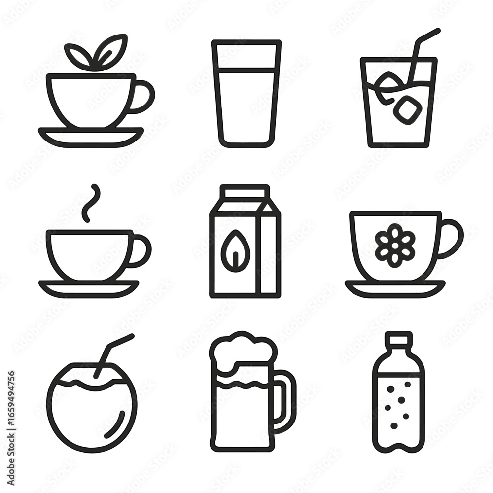 Fototapeta premium Mild Beverages Icon Set. Outline icon set of mild beverages: herbal tea, milk glass, juice cup, light coffee, almond milk,