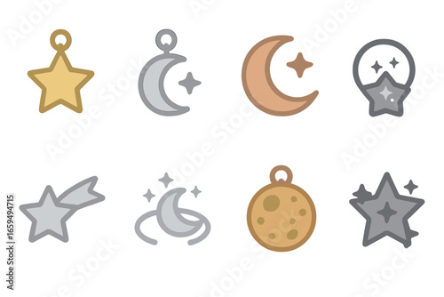 Metallic Celestial Charms. Flat vector mini-illustrations rose gold stars and moons in colors children's illustrations: star charm