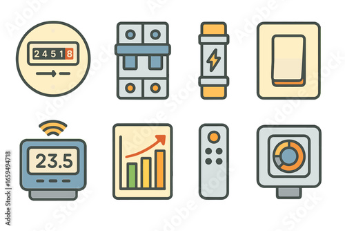 Colorful Energy Controls. Flat vector mini-illustrations electricity meters and controls in colors children's illustrations:
