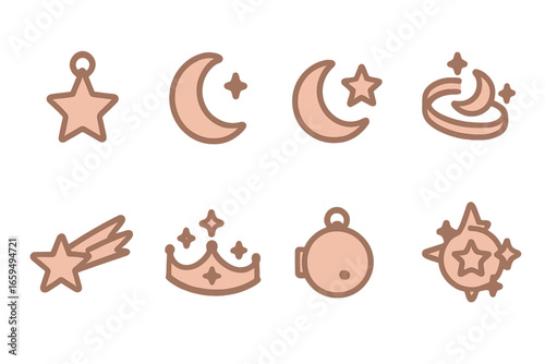 Metallic Celestial Charms. Flat vector mini-illustrations rose gold stars and moons in colors children's illustrations: star charm