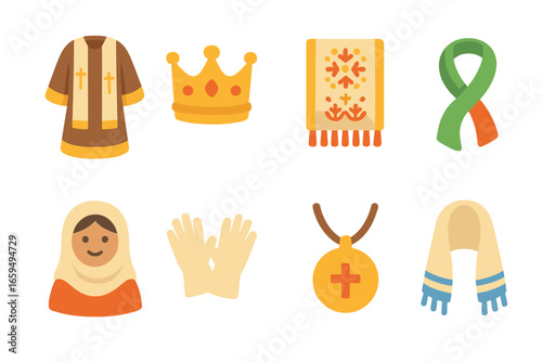 Colorful Festival Attire. Flat vector mini-illustrations feast day attire in colors children's illustrations: traditional robes,