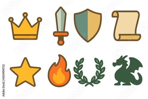 Colorful Fantasy Icons. Flat vector mini-illustrations legend symbols in colors children's illustrations: crown, sword, shield,