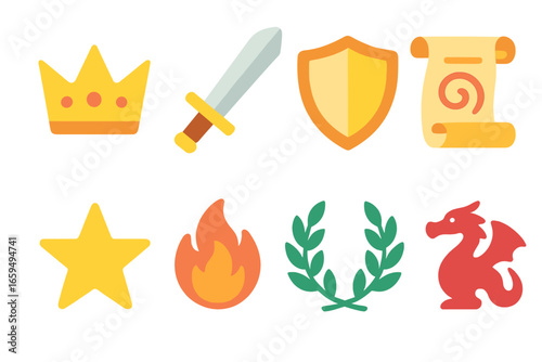 Colorful Fantasy Icons. Flat vector mini-illustrations legend symbols in colors children's illustrations: crown, sword, shield,