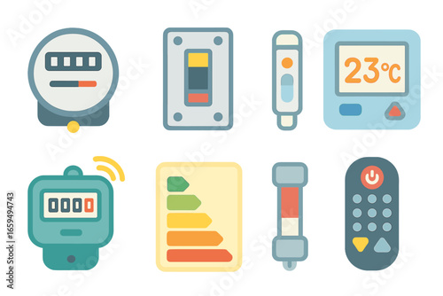 Colorful Energy Controls. Flat vector mini-illustrations electricity meters and controls in colors children's illustrations:
