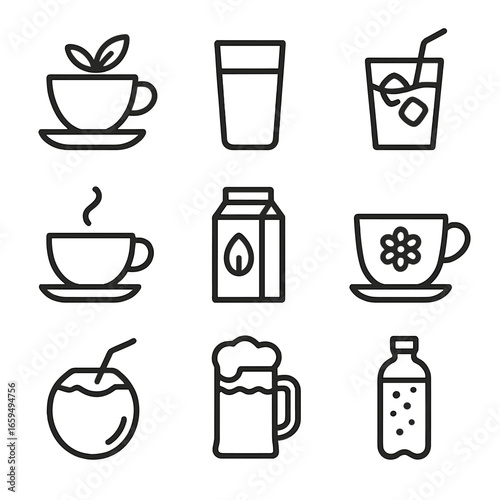 Mild Beverages Icon Set. Outline icon set of mild beverages: herbal tea, milk glass, juice cup, light coffee, almond milk,