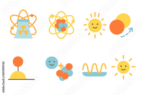 Colorful Energy Icons. Flat vector mini-illustrations neutron energy in colors children's illustrations: nuclear energy, binding