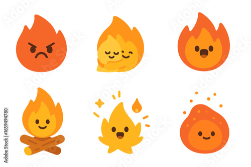 Colorful Fire Emotions. Flat vector mini-illustrations fire emotions in colors children's illustrations: anger flame, warm hug,