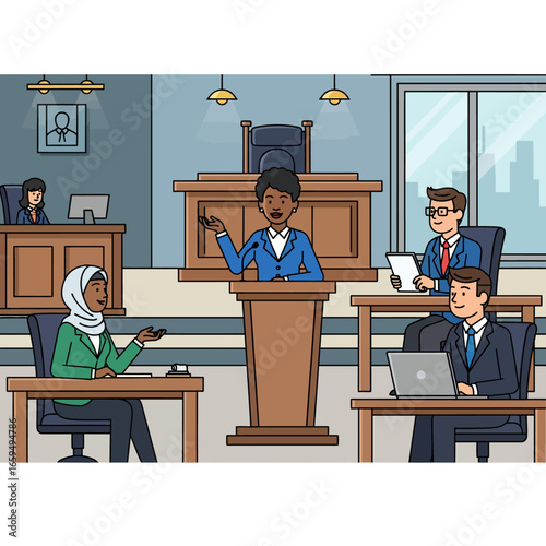 A courtroom scene depicts a female lawyer presenting her case to the judge and opposing counsel.