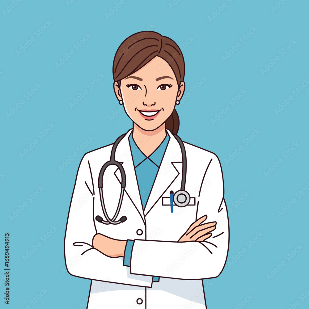 Fototapeta premium A smiling female doctor with arms crossed, wearing a white coat and stethoscope.
