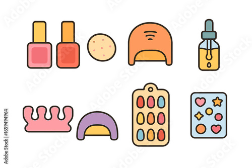 Nail Station Icons. Flat vector mini-illustrations polish station items in colors children's illustrations: nail polish bottles,