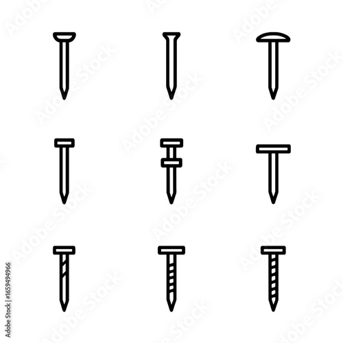 Nail Types Icon Set. Outline icon set of nail types: common nail, finishing nail, brad nail, roofing nail, masonry nail, duplex