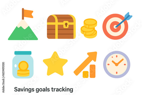 Colorful Saving Icons. Flat vector mini-illustrations Savings goals tracking in colors children's illustrations: mountain peak