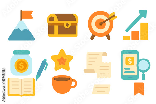 Colorful Saving Icons. Flat vector mini-illustrations Savings goals tracking in colors children's illustrations: mountain peak