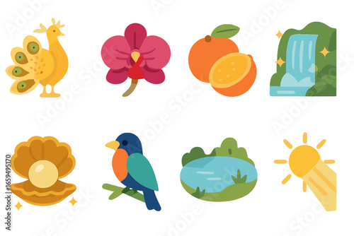 Nature's Opulent Icons. Flat vector mini-illustrations opulence in nature in colors children's illustrations: golden peacock, rare