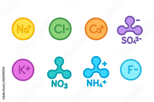 Colorful Ion Icons. Flat vector mini-illustrations ionic elements in colors children's illustrations: sodium ion Na⁺, chloride ion