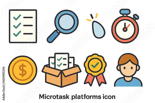 Colorful Task Icons. Flat vector mini-illustrations Microtask platforms in colors children's illustrations: checklist, magnifying
