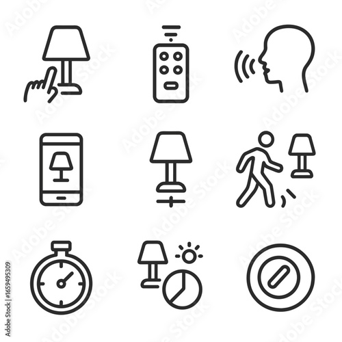 Night Light Control Icons. Outline icon set of night light control methods: touch sensor, remote control, voice command,