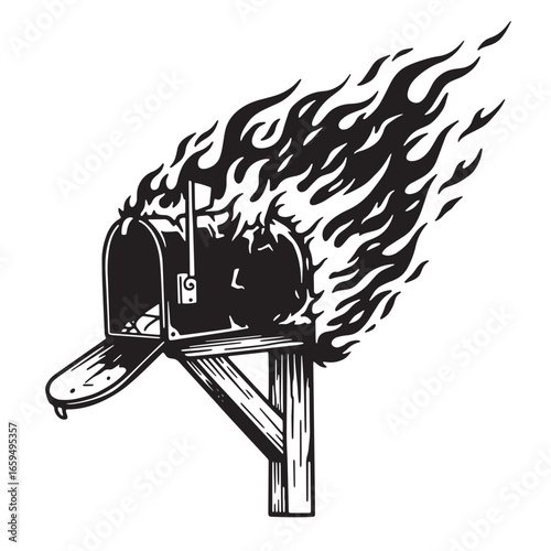 A burning mailbox symbolizing censorship and communication destruction conceptual illustration
