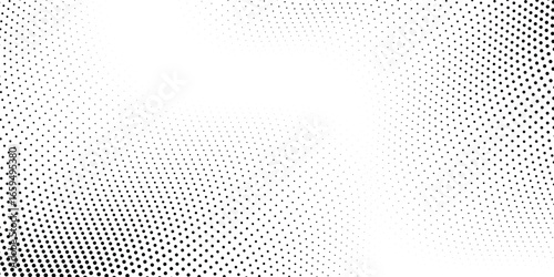 Flowing dots particles wave pattern 3D curve halftone black gradient curve shape isolated on white background. Vector in concept of technology, science, music