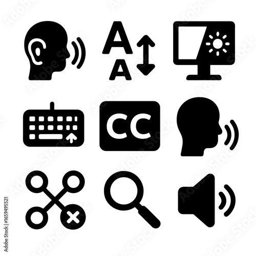 Accessibility Icons Grid. Solid, filled icons set of accessibility options: screen reader, font size