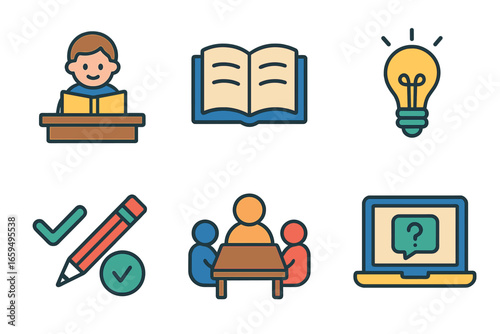 Academic Support Icons. Flat vector mini-illustrations Academic support systems in colors children's