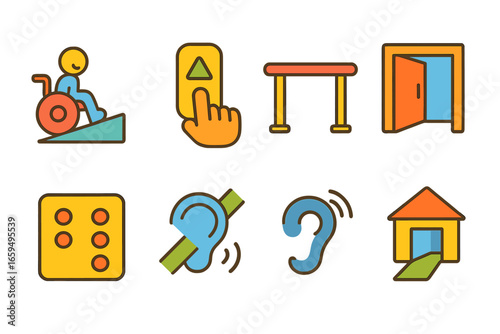 Accessibility Icon Grid. Flat vector mini-illustrations housing accessibility features in colors children's