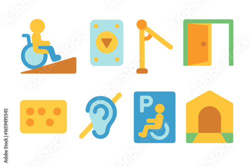 Accessibility Icon Grid. Flat vector mini-illustrations housing accessibility features in colors children's