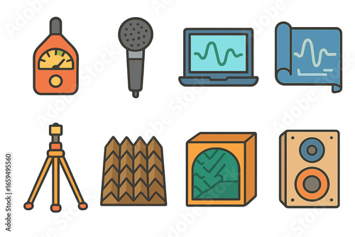 Acoustic Tools Icons. Flat vector mini-illustrations Acoustic engineering tools in colors children's