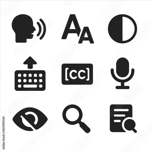 Accessibility Icons Grid. Solid, filled icons set of accessibility options: screen reader, font size