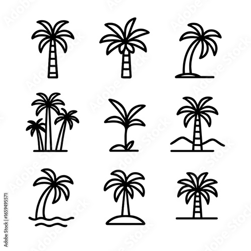 Palm Tree Icon Set. Outline icon set of palm tree silhouettes: tall palm, bushy palm, curved trunk palm, clustered palms, young