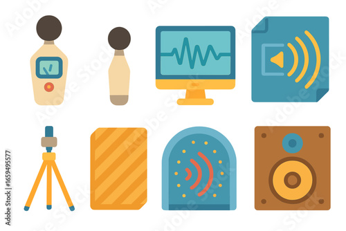 Acoustic Tools Icons. Flat vector mini-illustrations Acoustic engineering tools in colors children's