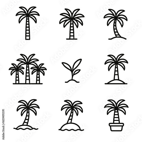 Palm Tree Icon Set. Outline icon set of palm tree silhouettes: tall palm, bushy palm, curved trunk palm, clustered palms, young