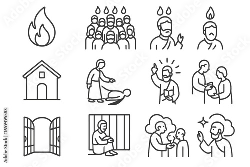 Acts of Apostles Icons. Outline icon set of Acts of the Apostles: Holy Spirit flame, Pentecost gathering,