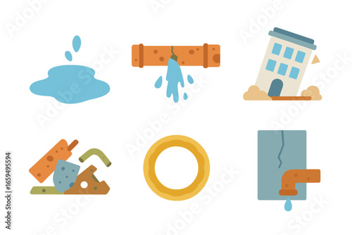 Corrosion Effects Icons. Flat vector mini-illustrations Effects of corrosion in colors children's illustrations: leak puddle, pipe