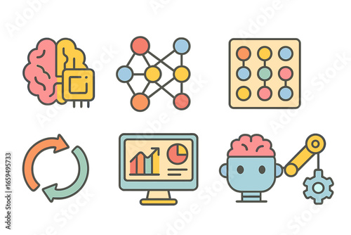 AI Icon Grid. Flat vector mini-illustrations AI and machine learning projects in colors children's