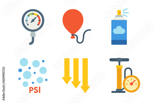 Air Pressure Icons. Flat vector mini-illustrations Air pressure science in colors children's illustrations: