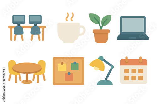 Cozy Co-Working Icons. Flat vector mini-illustrations Co working spaces in colors children's illustrations: shared desk, coffee