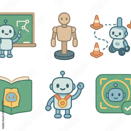 AI Robot Training Icons. Flat vector mini-illustrations AI robot training center in colors children's