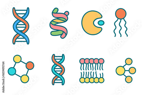 Colorful Molecular Icons. Flat vector mini-illustrations molecule in biology in colors children's illustrations: DNA double helix,