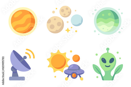 Alien Worlds Exploration. Flat vector mini-illustrations Observing alien worlds in colors children's