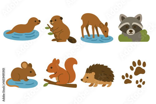 Animals at Pond. Flat vector mini-illustrations of mammals visiting a pond in colors children's illustrations: